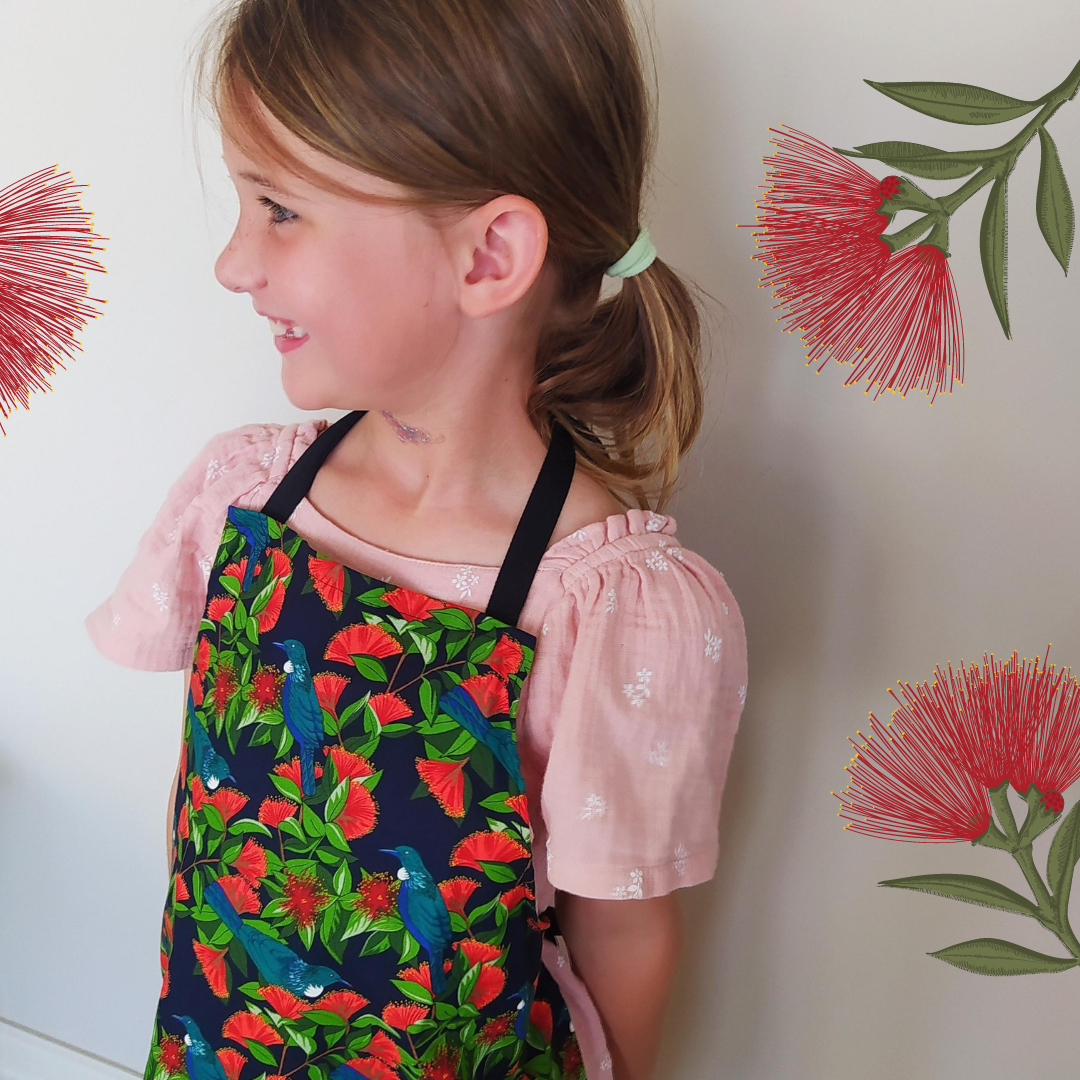 Childrens Apron Kiwiana Tuis and Puhutukawas