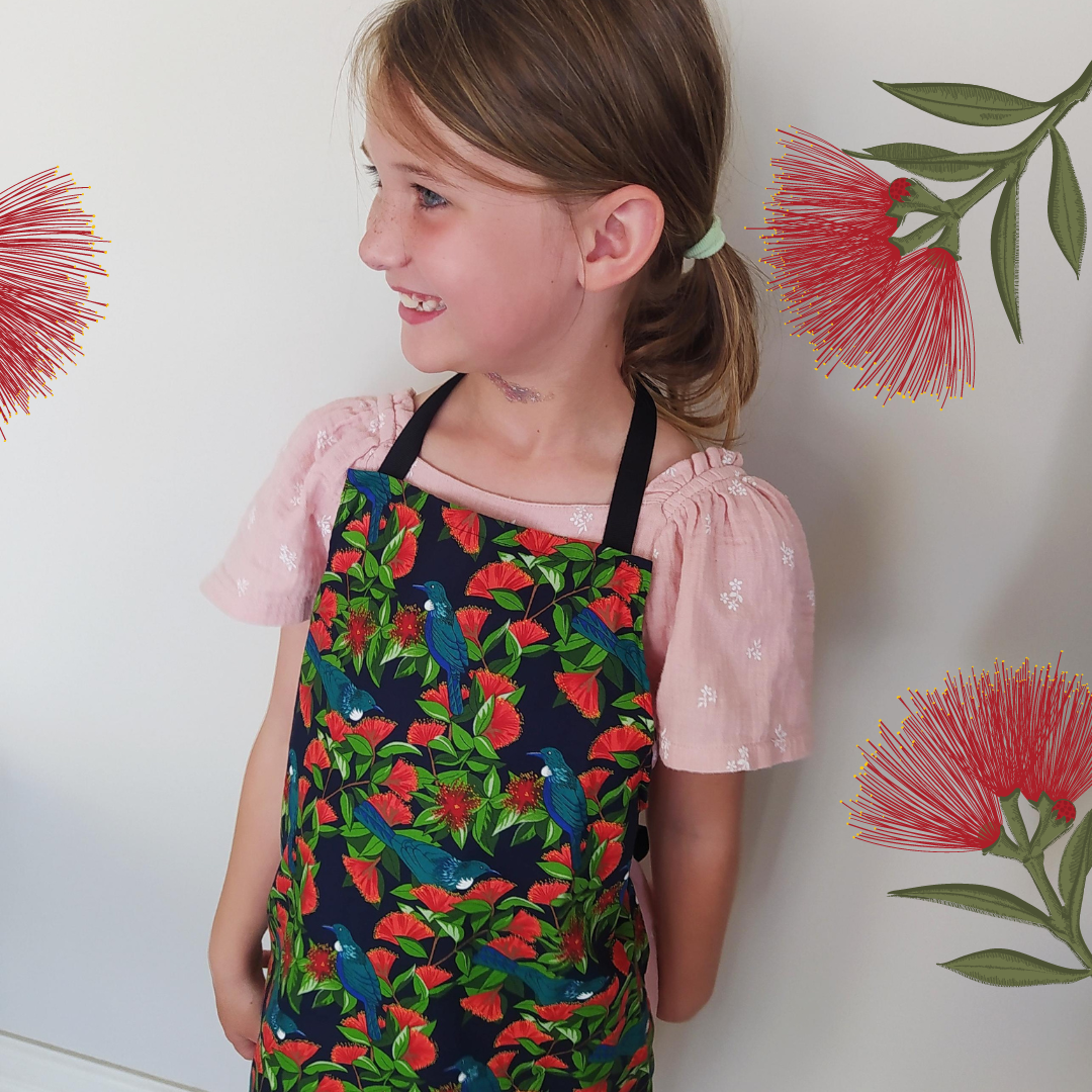 Childrens Apron Kiwiana Tuis and Puhutukawas